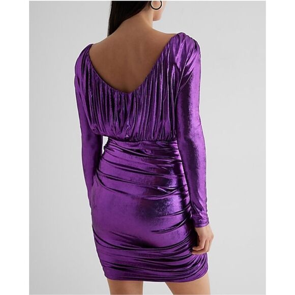 Express NWT Purple Metallic Ruched Long Sleeve Mini Bodycon Dress Size Small - Picture 3 of 12